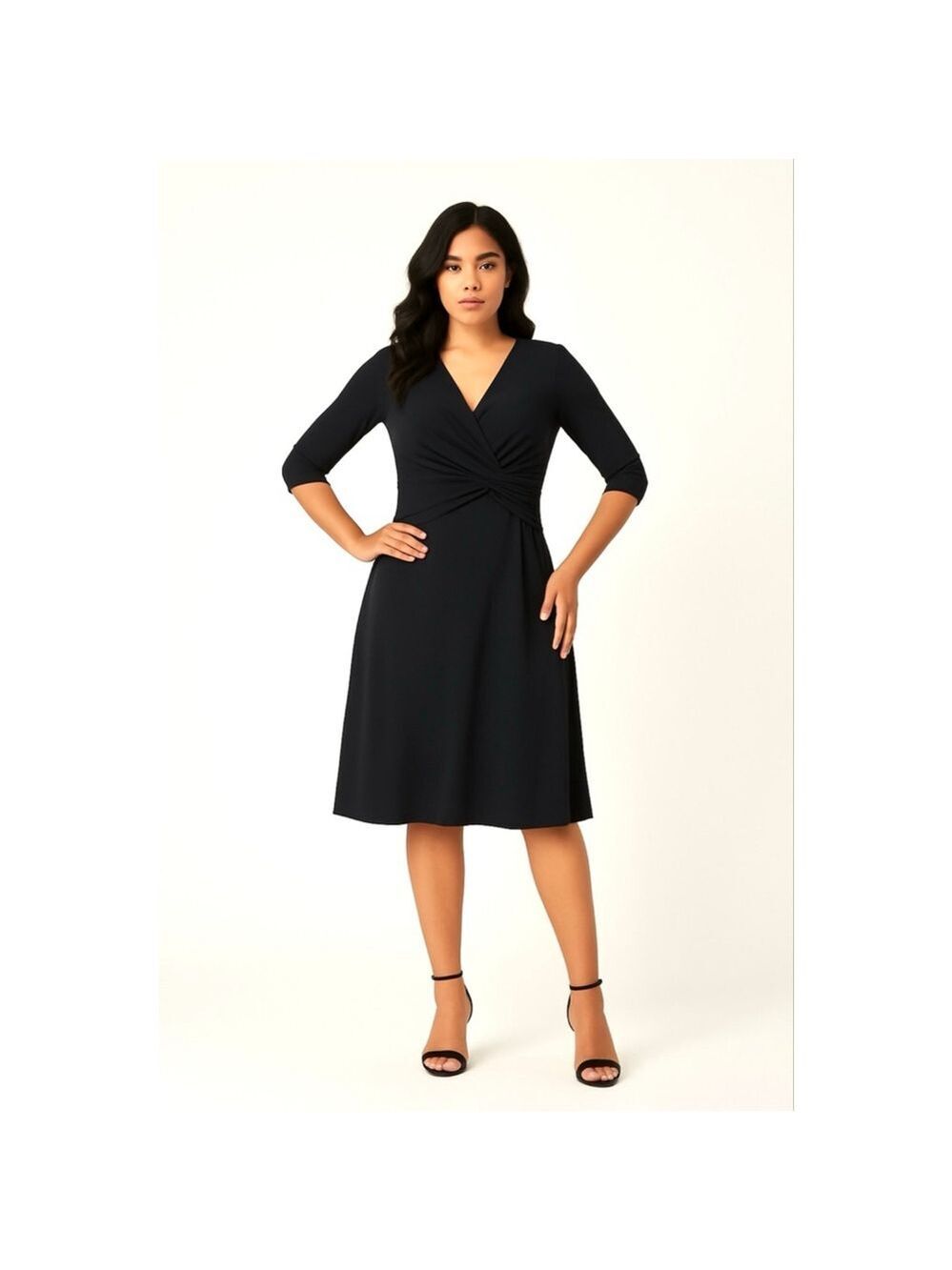 Vintage Joseph Ribkoff Black Jersey Knit Twist Knot Ruched Midi Dress Size 12